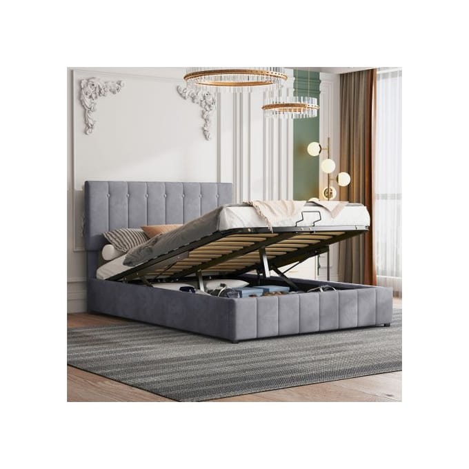 Tweepersoonsbed met opbergruimte - MUVOE - 140x200 cm - Gestoffeerd hoofdbord - Hydraulisch klapmechanisme - Grijs grijs