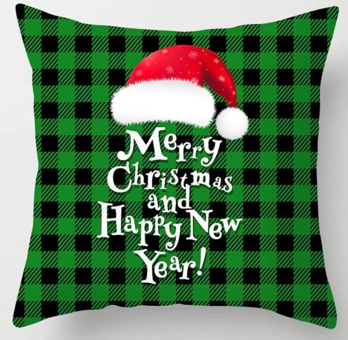 Kussen Hoes Kerstthema Kerstmuts - Groen Geruit - Merry Christmas