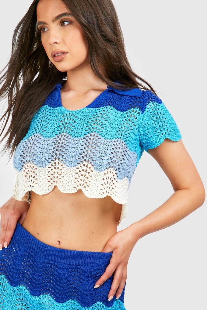 boohoo Dames Petite Crochet Collard Top | Blauw | Maat: Large