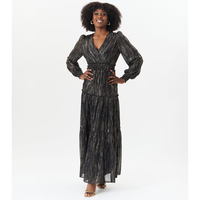 Zwart Lurex Chiffon Gelegenheid Gestaffelde Maxi Dres