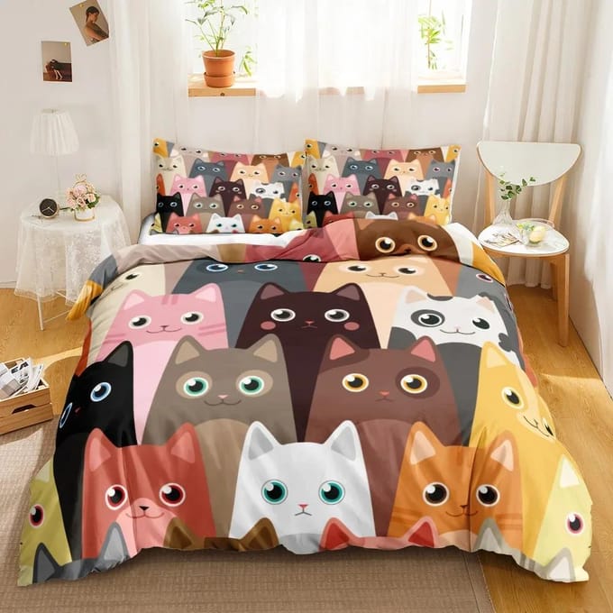 3-delige eenzijdig bedrukte beddengoedset, Dekbed Cartoon Schattige Kat Dekbedovertrek Kussens Comfortabele Spreien Beddengoedset cot size 70x133cm