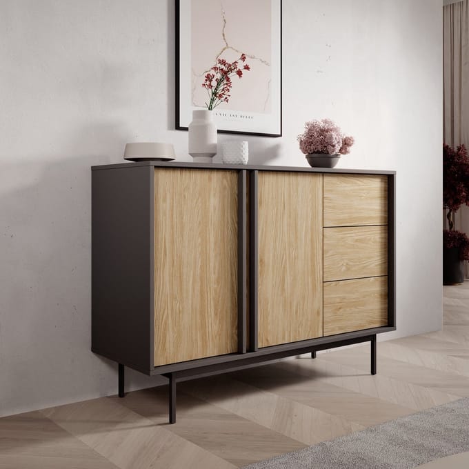 Meubella - Antigo - Dressoir - Eiken/Antraciet - 123x43x87 cm