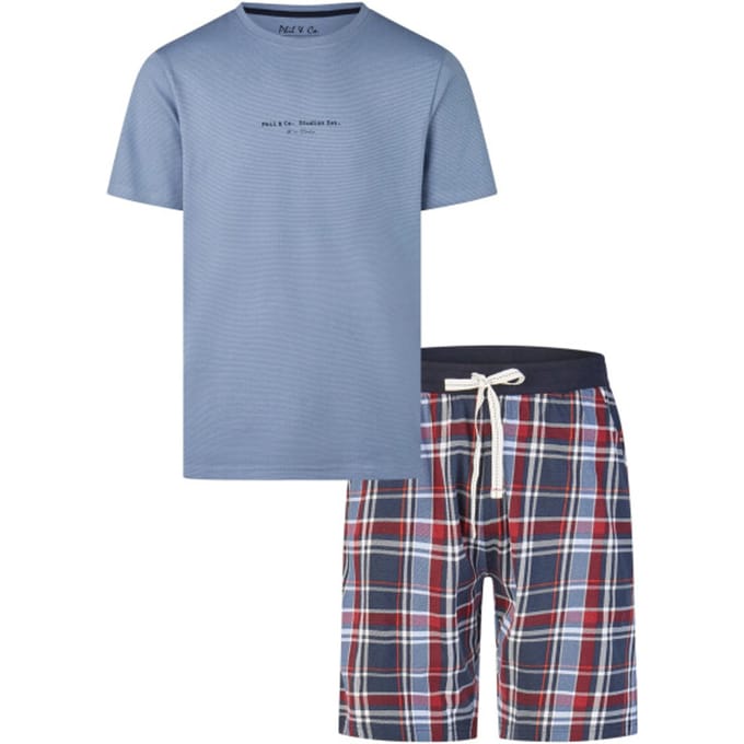 Phil & Co Heren Shortama Korte Pyjama Set Blauw/Rood Geruit - Maat M