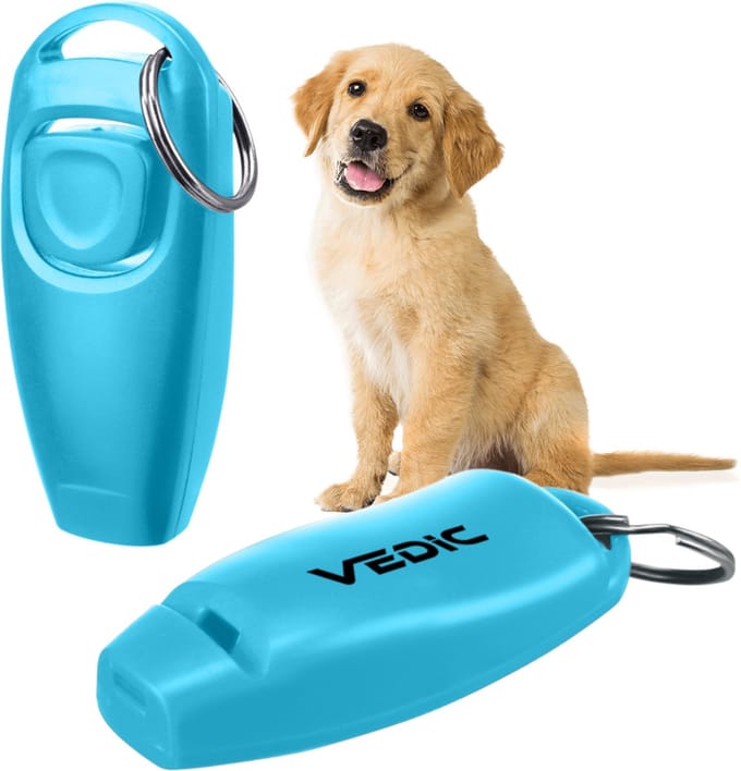 VEDIC®  - Luxe clicker met fluit - Clickertraining - Lichtblauw - Bevestigingsring - Fluit - Hondentraining