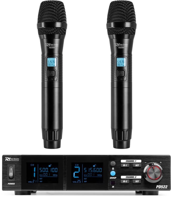 Power Dynamics PD522 microfoonsysteem met 2 draadloze UHF microfoons - 2x 100 kanalen - Met koffer