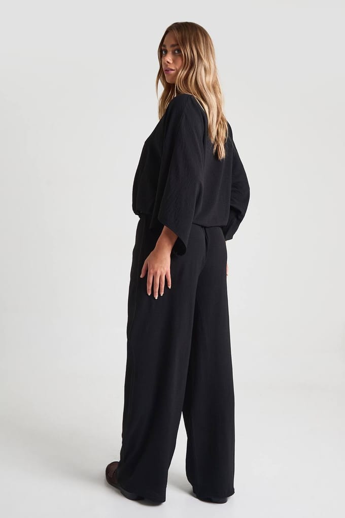 boohoo Dames Slash neck-blouse & wijde pijpenbroek co-ord | Zwart | Maat: 34