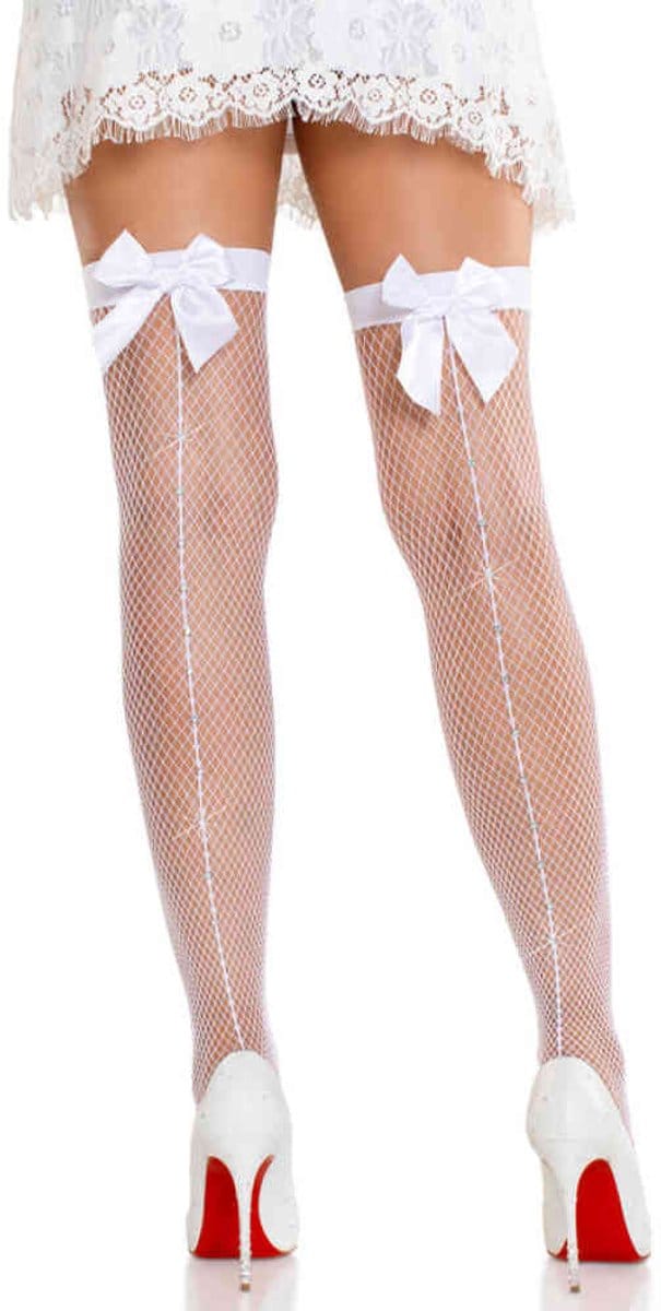 Leg Avenue - Fishnet with Satin Bow Backseam Thigh high kousen - Wit