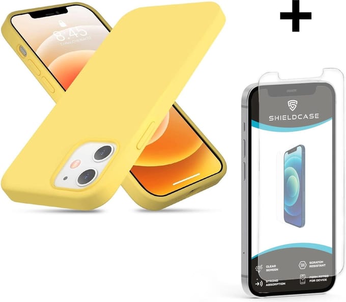 ShieldCase Silicone case geschikt voor Apple iPhone 12 Mini - 5.4 inch - optimale bescherming - siliconen hoesje - backcover - geel + glazen Screen Protector