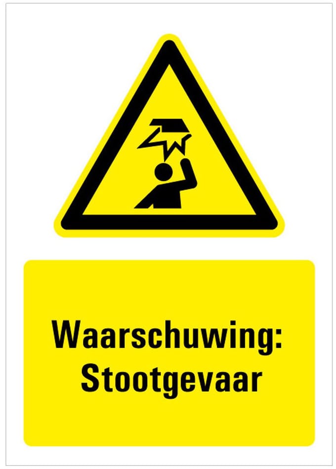 Waarschuwing voor laaghangende obstakels bord met tekst 148 x 210 mm