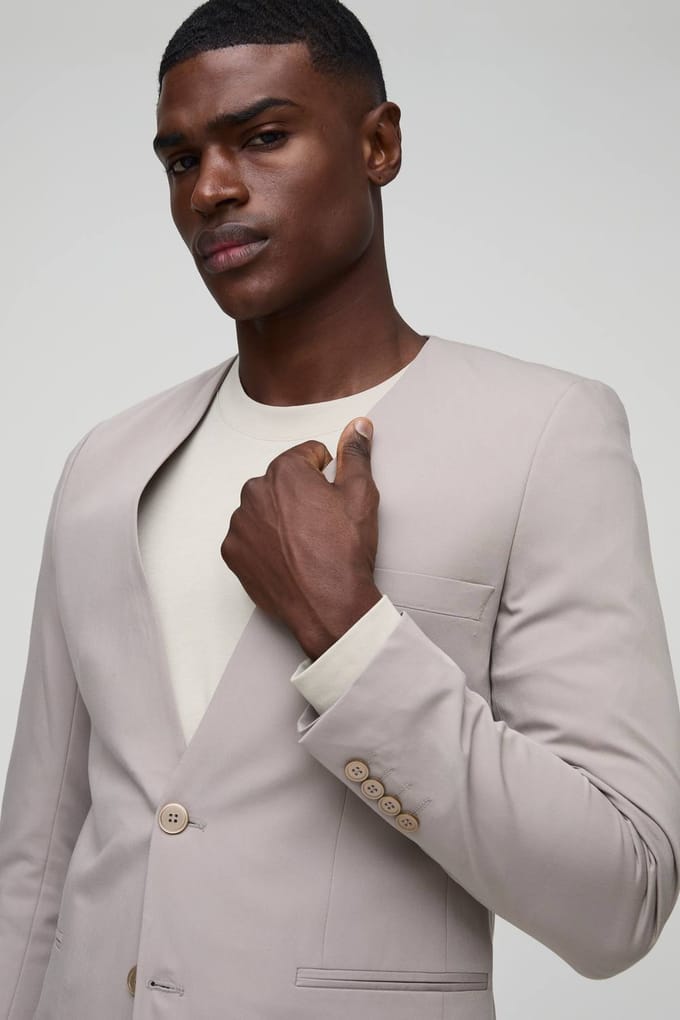 Skinny Fit Collarless Single Breasted Blazer | Stone | Size 48