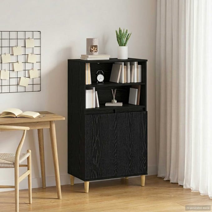 vidaXL - Highboard - Zwart - eiken - 60 - x - 36 - x - 110 - cm - Bewerkt - hout