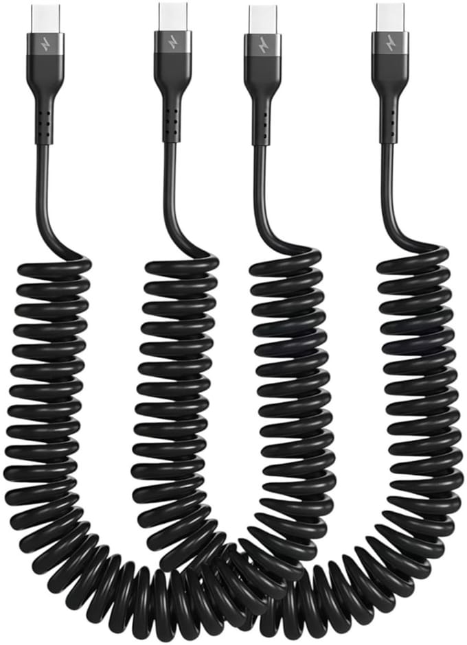 2 stuks spiraalkabels USB C (0,4 m - 1,5 m) voor snelladen, ideaal voor Android Auto en iPhone 17, Galaxy S24, Pixel en iPad