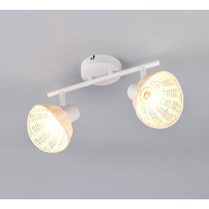 Reality Leuchten Plafondlamp Calvi, wit, rotan naturel, lengte 40 cm, 2-lamps.