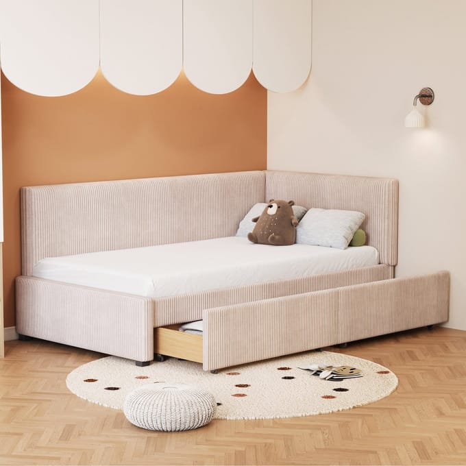 MODENUIT Gestoffeerd Bed 90x200 cm – Lattenbodem – 2 Laden – Verwisselbare Rugleuning – Fluweel – Zonder matras – Beige