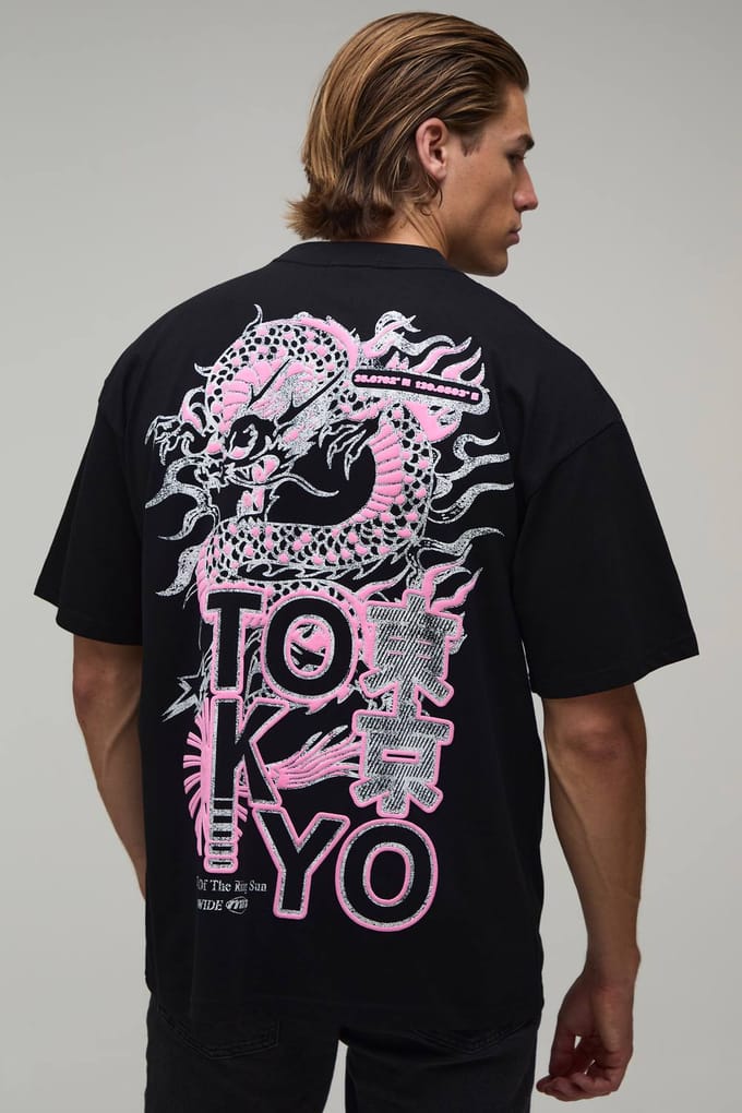 Zwart Oversized T-shirt Met Dragon Puff Print | Black | Size Medium
