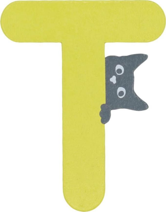 Houten Letter T Geel met Kat | 9 cm