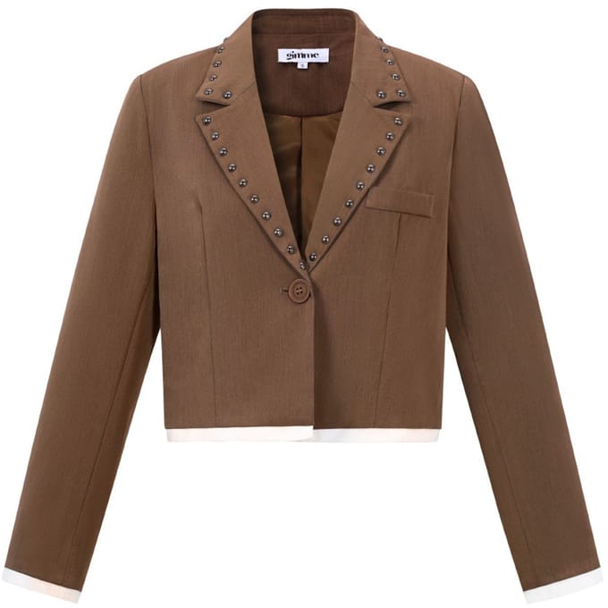 Comfortabele Geweven Polyester Damesblazer met Studs en Contrasterende Randen - Bruin - Maat S