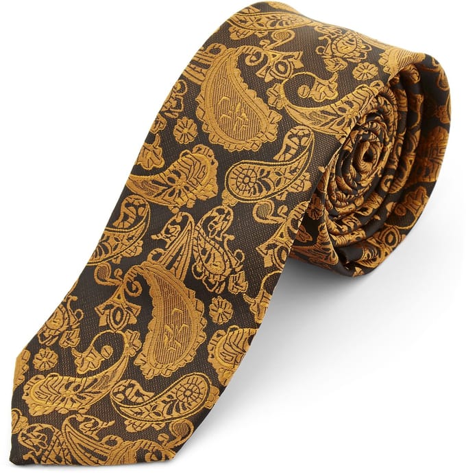 Goudkleurige & Bruine Polyester Paisley Stropdas