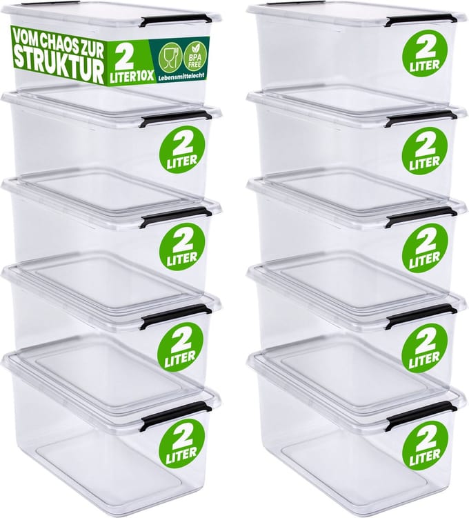 DEUBA Opbergbox Set van 10 - 2l BPA Vrij Stapelbaar - 19,5x15x11,5cm