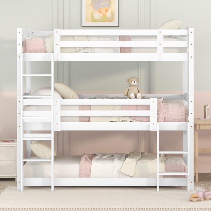Wishdor Drievoudig Stapelbed 90x200 cm - 3 Slaapplaatsen & 2 Ladders - Grenenhout/MDF Wit - Drievoudig Stapelbed in Wit