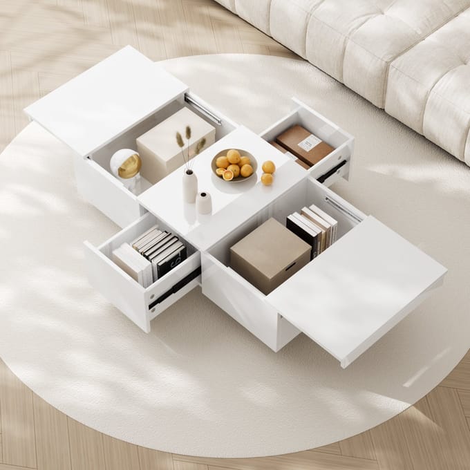 MODENUIT Salontafel - Met Push-Pull Opbergruimte En 2 Laden - Voor Woonkamer - Hoogglans Wit - 100x50x31 Cm