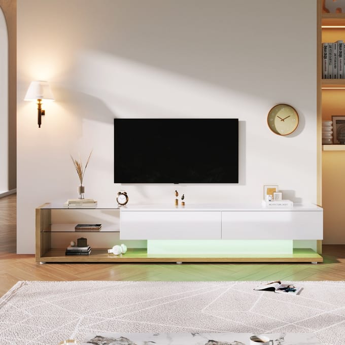 Gutent TV-meubel, Hoogglans, Glazen wand, Variabele LED-verlichting, Hout en wit