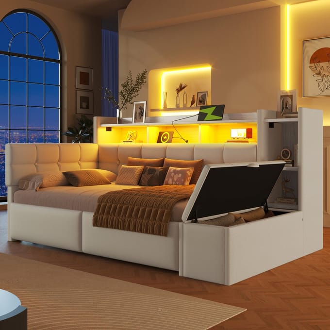 REDOM - Daybed - 2 Laden En USB-C-Aansluiting - Met Opbergruimte - Fluweel - Wit - 90 X 190 Cm