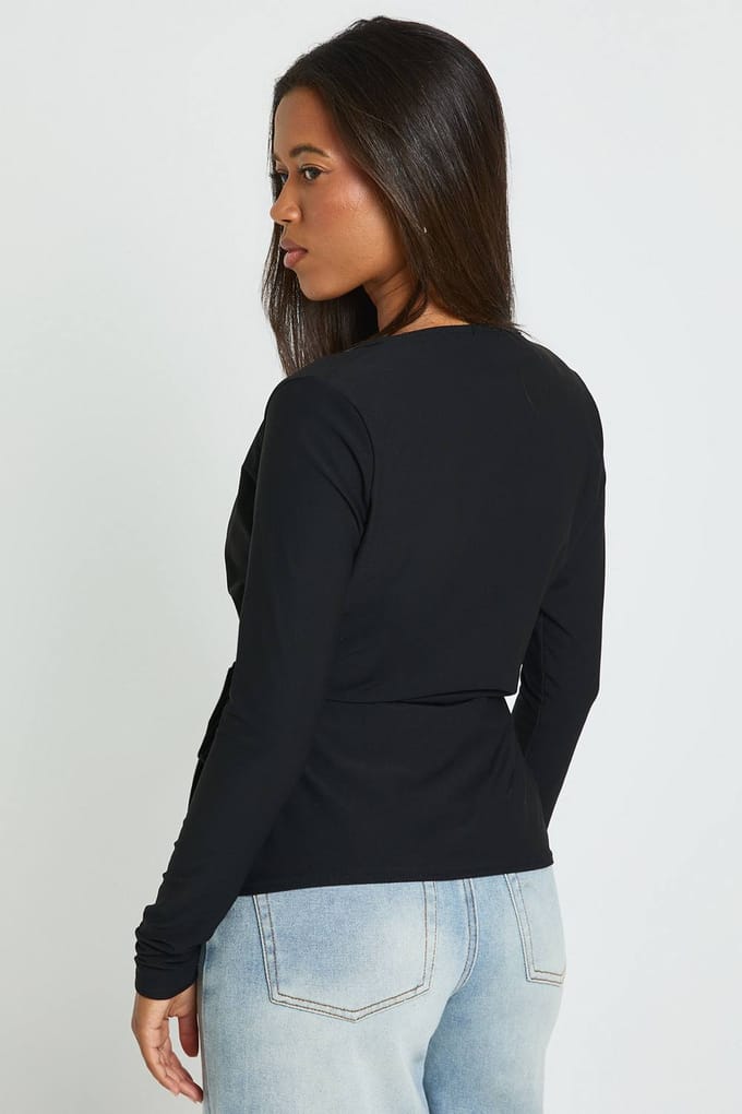 boohoo Dames Wikkel Voorkant Top met Strikband in de Taille | Black | Maat: 14