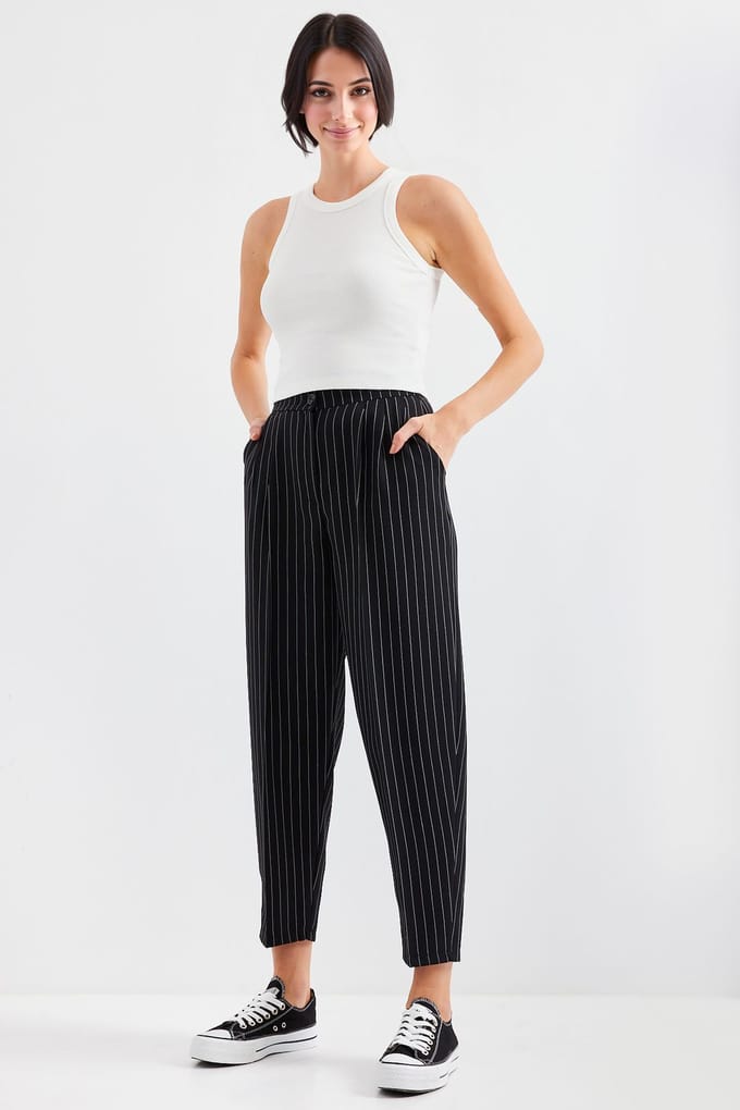 Hoge Taille Gestreepte Plissé Enkelbroek