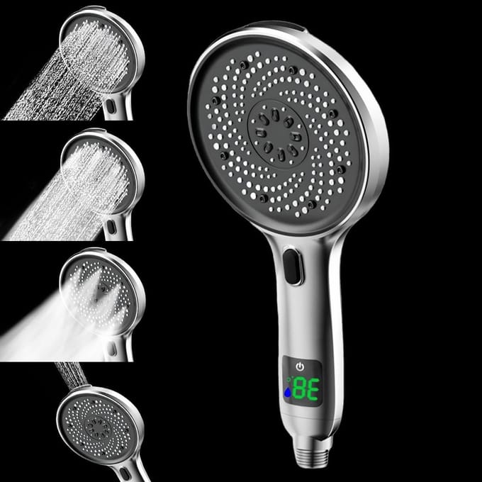 Douchekop met temperatuurweergave, 4 douchestanden, groot filter en LED-display, hoge druk handdouche voor hard water en optimaal comfort