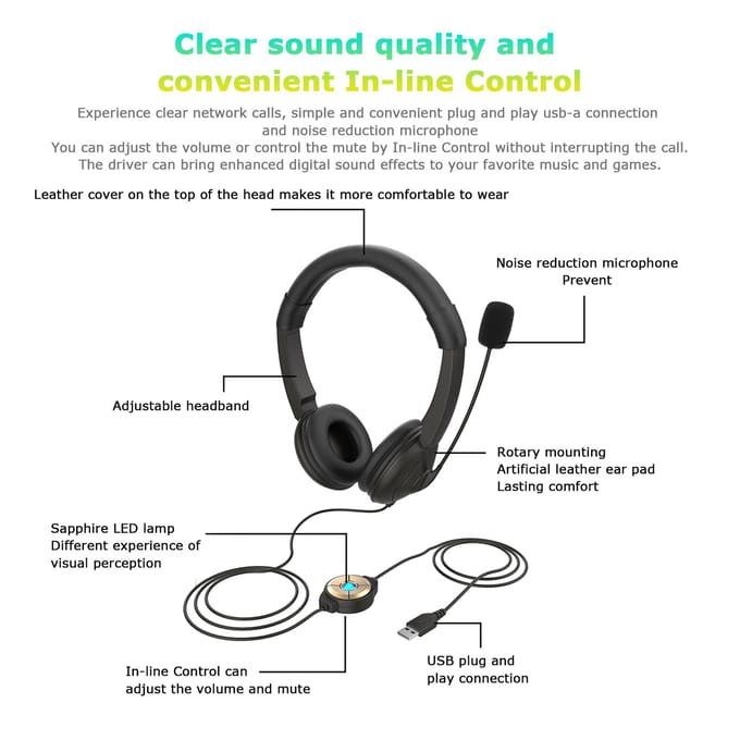 Casque filaire USB avec Microphone antibruit sur l'oreille, casque d'ordinateur, écouteurs de Center d'appel noir