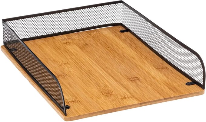 5Five kantoor brievenbak/postbakje A4 formaat - zwart mesh - bamboe hout