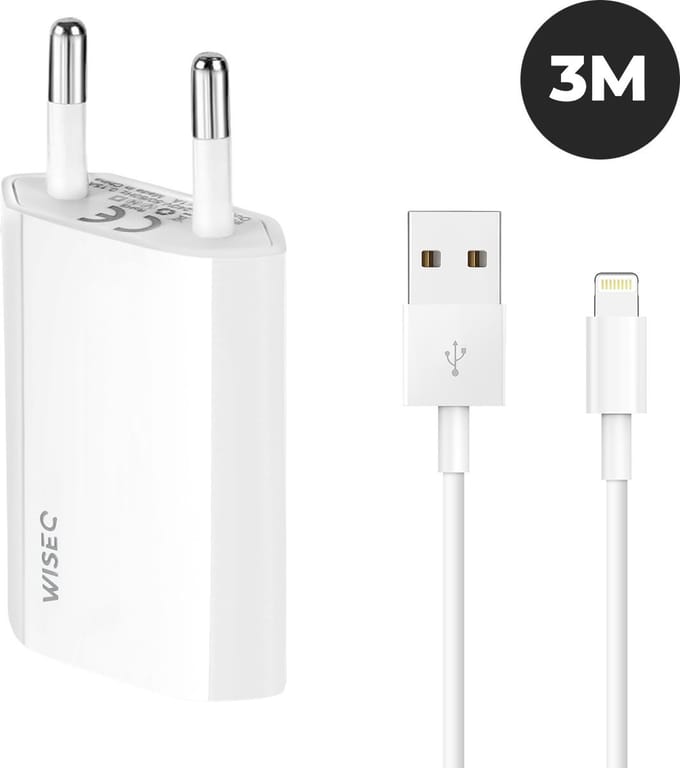USB oplader geschikt voor iPhone en iPad - inclusief 3 meter Lightning naar USB kabel - wit - WiseQ