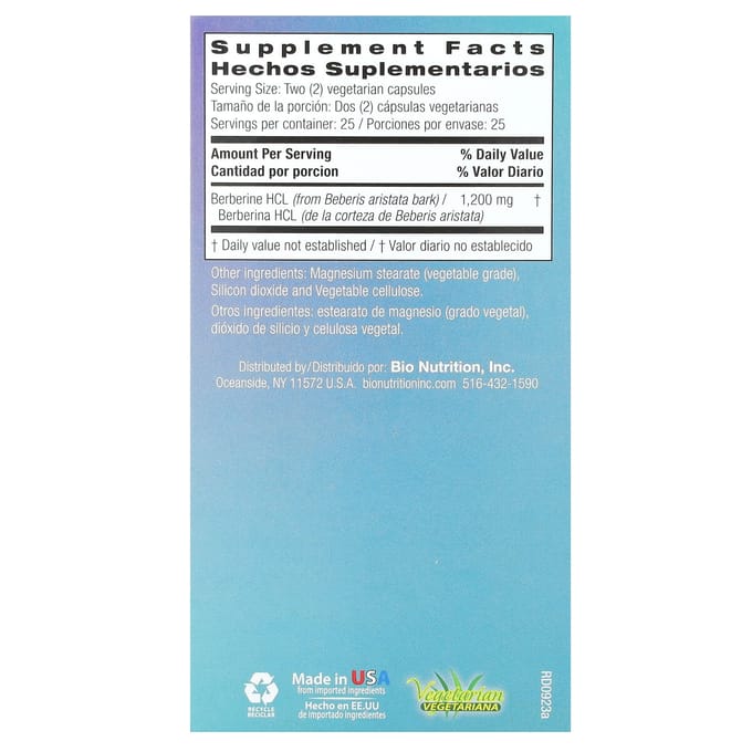 Bio Nutrition, Berbérine Avancée, 600 mg, 50 Capsules Végétales