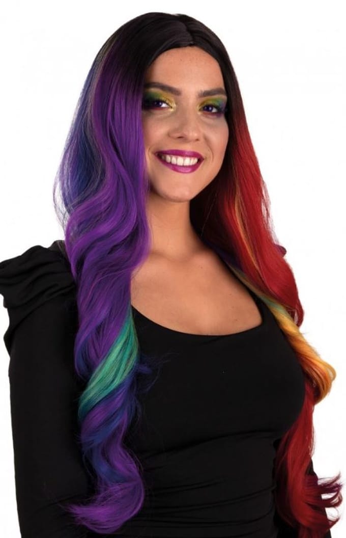Pruik Selena lang met krullen regenboog two sides