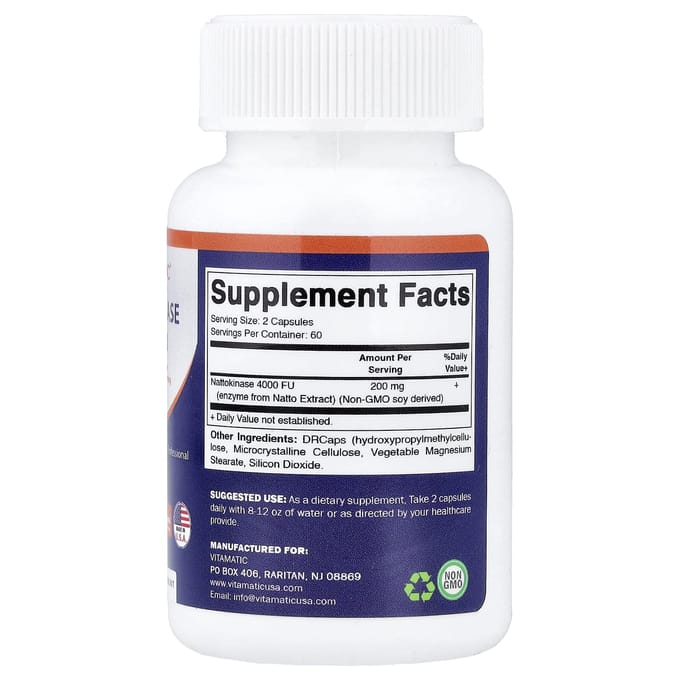 Vitamatic, Nattokinase, 200 mg, 120 Capsules DRcaps® d'Hypromellose (100 mg par capsule)