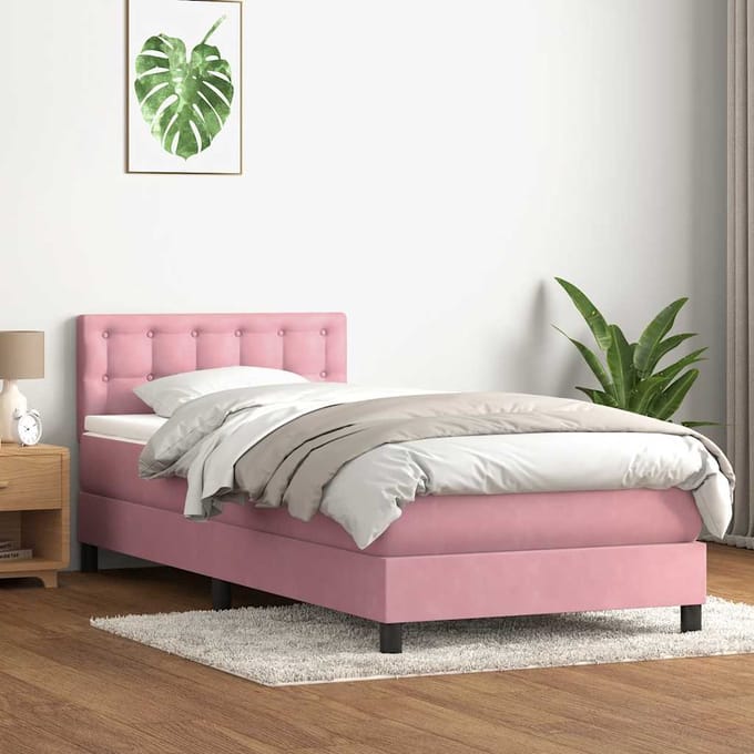 vidaXL - Boxspring - met - matras - fluweel - roze - 80x220 - cm