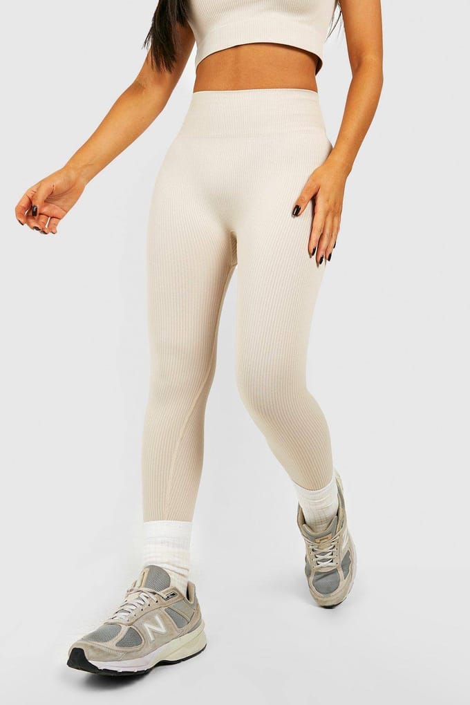 boohoo Dames Petite naadloze rib leggings | Steen | Maat: Large