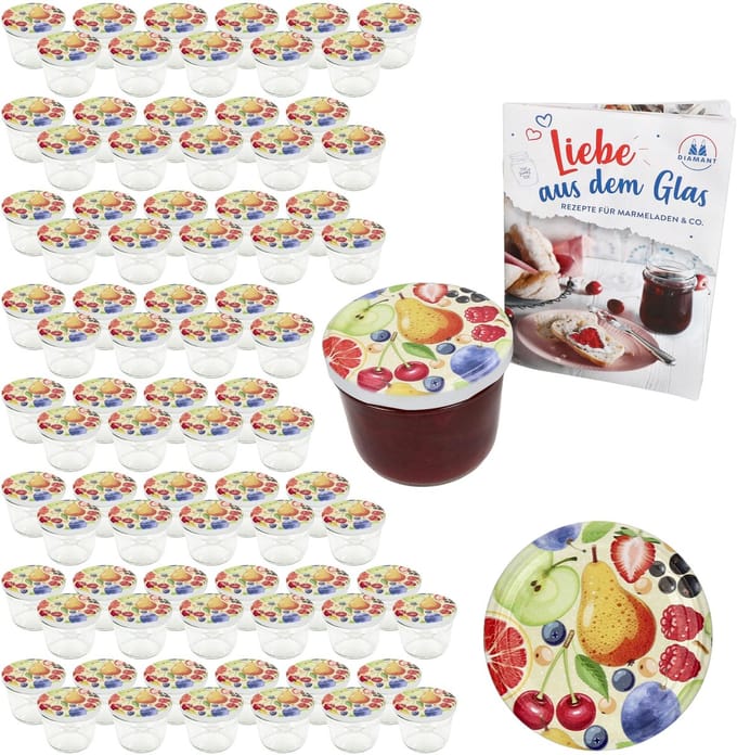 Set van 100 bekers 230 ml Naar 82 Comic fruitdeksels incl. receptenboekje