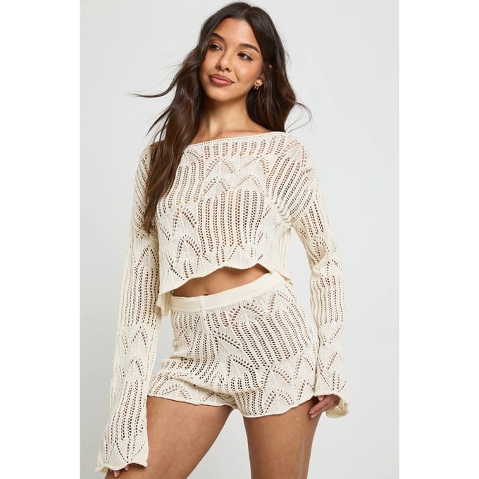 boohoo Dames Gehaakte Strandshort Met Patroon | Ecru | Maat: Medium