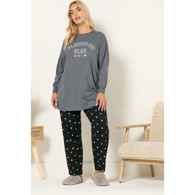 Yours Grey 'Sleepover Club' Pyjamaset Met Wijde Pijpen Size 58-60