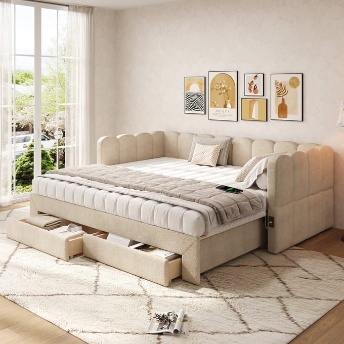 MODFU Bedframe 90x190 cm van chenille – uitschuifbaar tot 180x190 cm – met lades en USB/Type-C – beige – daybed