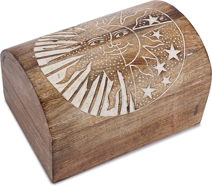 Decoratief Houten Sieradenkistje met Handgesneden Zon - Multifunctionele Organizer