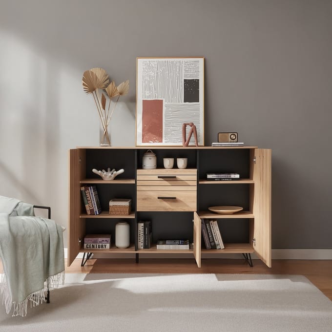 Dressoir Noppen 100x150x38 cm eikenkleurig en zwart [en.casa]