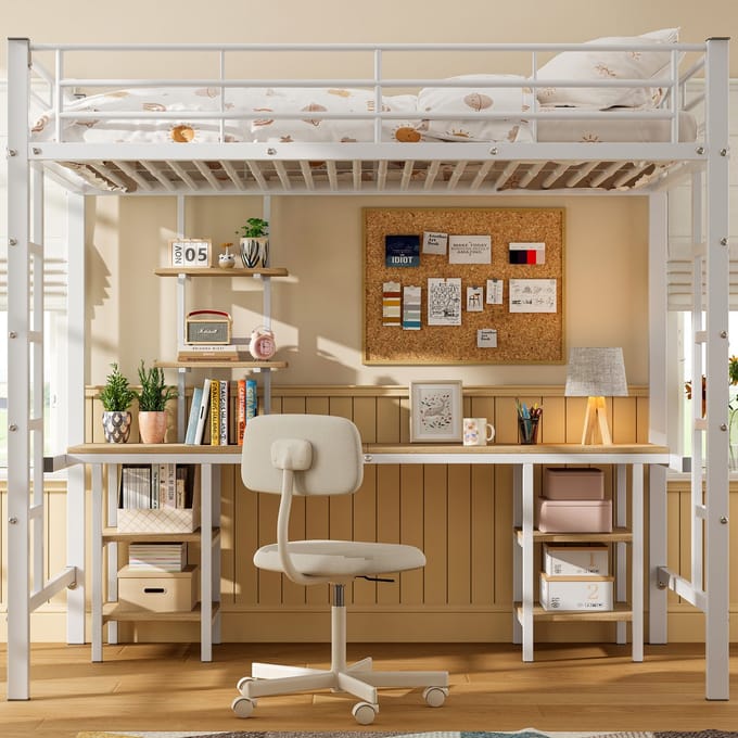 MODFU Kinder Stapelbed 90x200 cm – Met bureau, plank, zijladder & veiligheidshek – Metaal – Wit