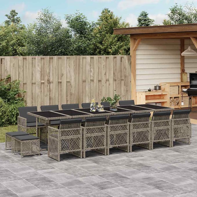 vidaXL - 17-delige - Tuinset - met - kussens - poly - rattan - grijs