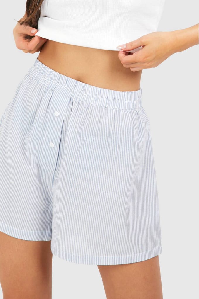 boohoo Dames Linnen Look Pinstripe Shorts | Blue | Maat: 6