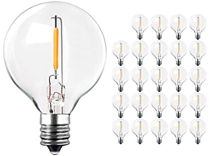 25 Pack G40 LED Bulbs Replacement, 1W E12 Small Screw Base Light Bulb, 2200K Warm White Clear Glass Light Bulbs for Indoor Outdoor String Lights