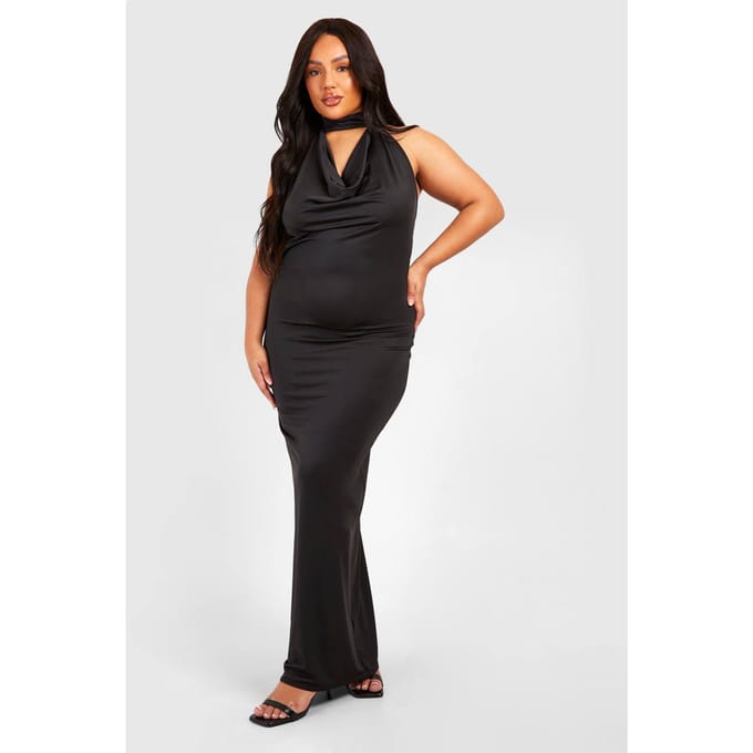boohoo Dames Plus Drape Halterneck Slinky Maxi Jurk | Zwart | Maat: 48