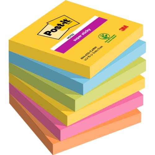 Memoblok post-it 654 super sticky 76x76mm carnival 6 stuks